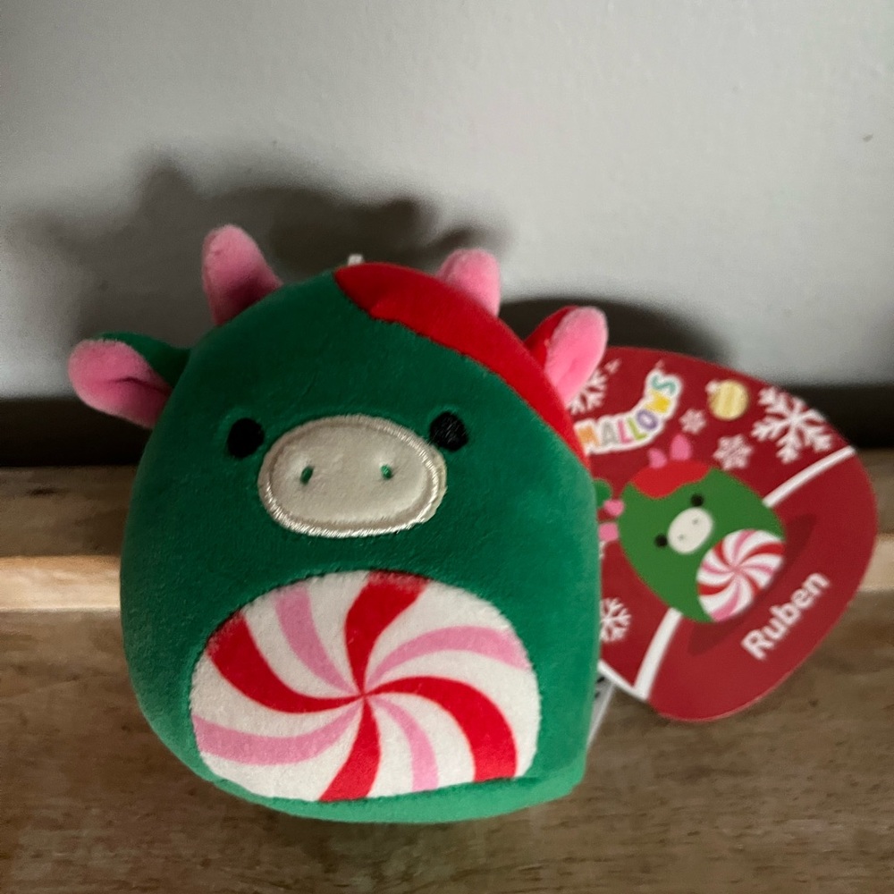 Squishmallow 2025 Christmas Ruben the Cow 5” Green Red Swirl Pink Horns NEW - Picture 2 of 8